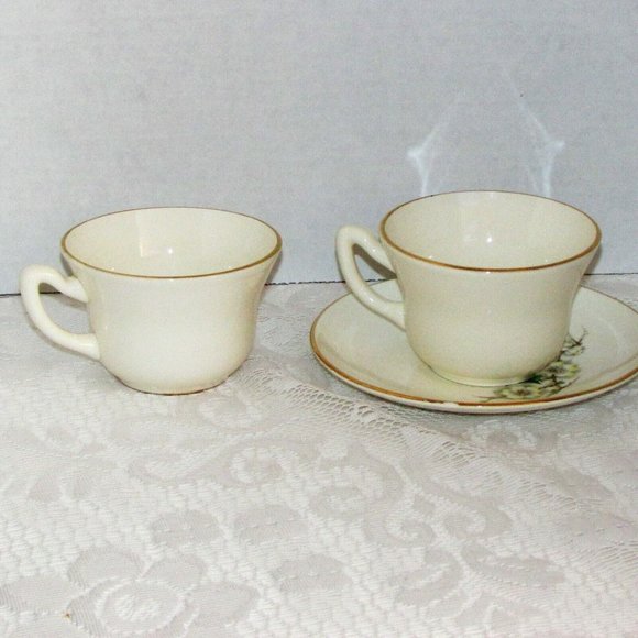 3 pc Georgian China Spring Blossom 2 Coffee Cups 1 Saucer 22 kt Gold Rim Teacups - Picture 4 of 10